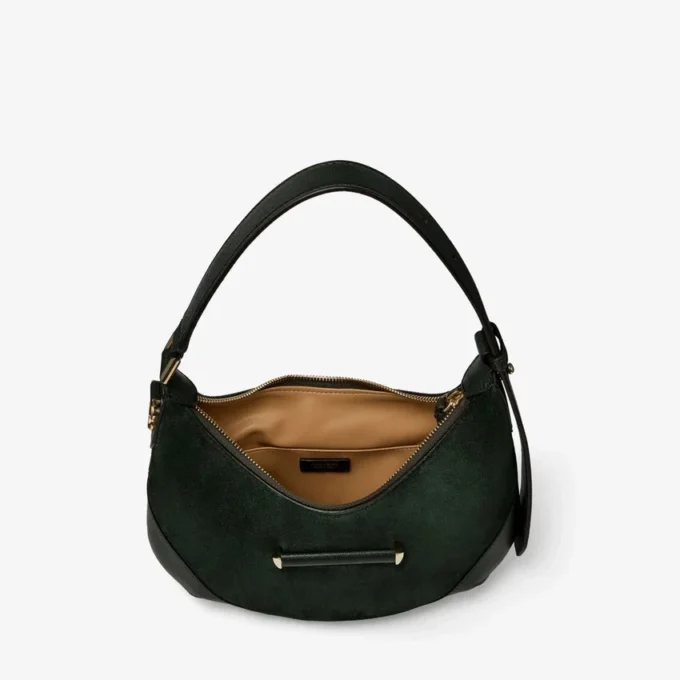 Geantă de umăr Bar Hobo Small din piele de căprioară verde britanică, cu finisaje din piele Biker Geantă de umăr Bar Hobo Small din piele de căprioară verde britanică, cu finisaje din piele Biker