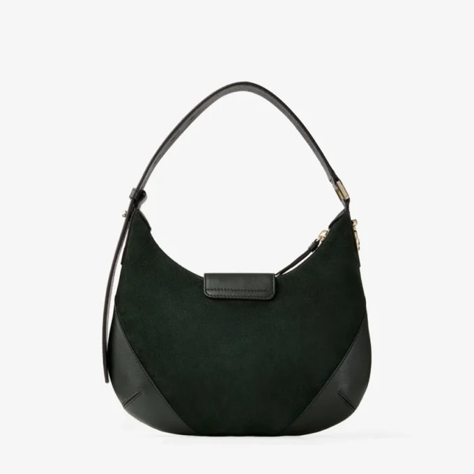 Geantă de umăr Bar Hobo Small din piele de căprioară verde britanică, cu finisaje din piele Biker Geantă de umăr Bar Hobo Small din piele de căprioară verde britanică, cu finisaje din piele Biker