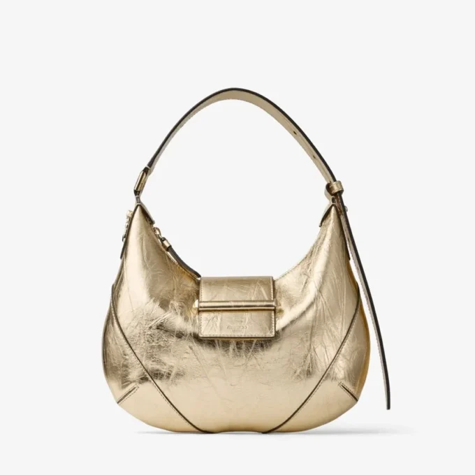 Geantă de umăr Bar Hobo Small din piele metalizată aurie vintage Geantă de umăr Bar Hobo Small din piele metalizată aurie vintage