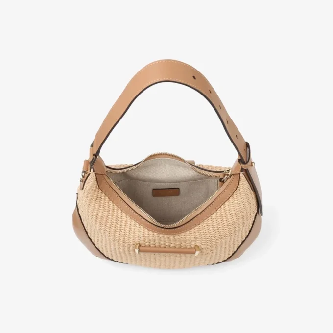 Geantă de umăr Bar Hobo Small din rafie naturală și caramel, cu finisaje din piele de vițel netedă Geantă de umăr Bar Hobo Small din rafie naturală și caramel, cu finisaje din piele de vițel netedă