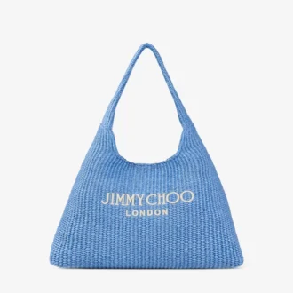 Geantă de umăr Beach Diamond Hobo Large din rafie albastru ocean și ecru