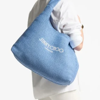 Geantă de umăr Beach Diamond Hobo Large din rafie albastru ocean și ecru