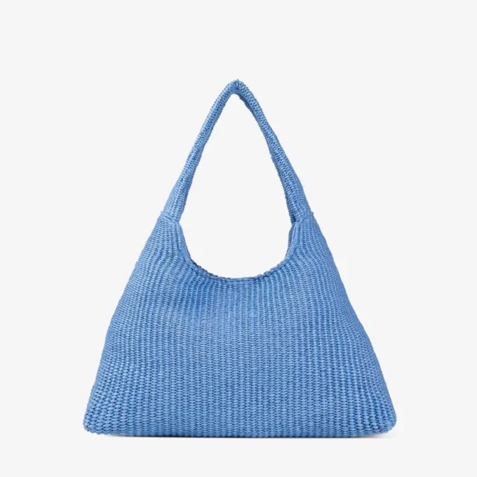 Geantă de umăr Beach Diamond Hobo Large din rafie albastru ocean și ecru Geantă de umăr Beach Diamond Hobo Large din rafie albastru ocean și ecru