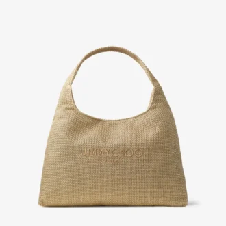 Geantă de umăr Beach Diamond Hobo mare, din rafie metalică aurie și cappuccino închis