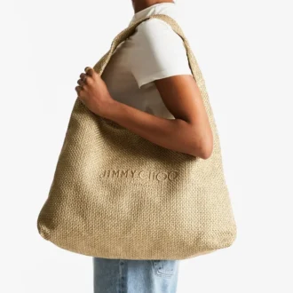 Geantă de umăr Beach Diamond Hobo mare, din rafie metalică aurie și cappuccino închis