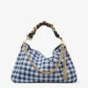Geantă de umăr Callie Maxi din rafie cu imprimeu gingham în culori marine, cu curea detașabilă din piele nappa țesută Geantă de umăr Callie Maxi din rafie cu imprimeu gingham în culori marine, cu curea detașabilă din piele nappa țesută
