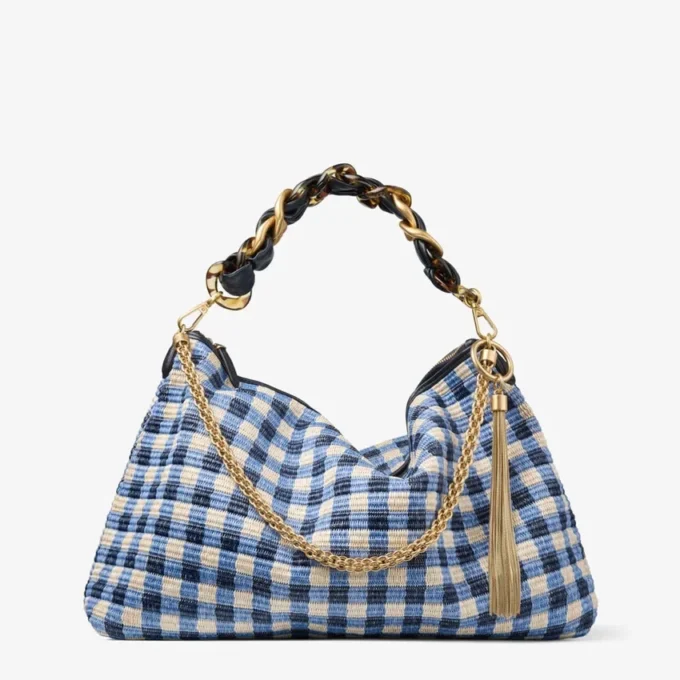 Geantă de umăr Callie Maxi din rafie cu imprimeu gingham în culori marine, cu curea detașabilă din piele nappa țesută Geantă de umăr Callie Maxi din rafie cu imprimeu gingham în culori marine, cu curea detașabilă din piele nappa țesută