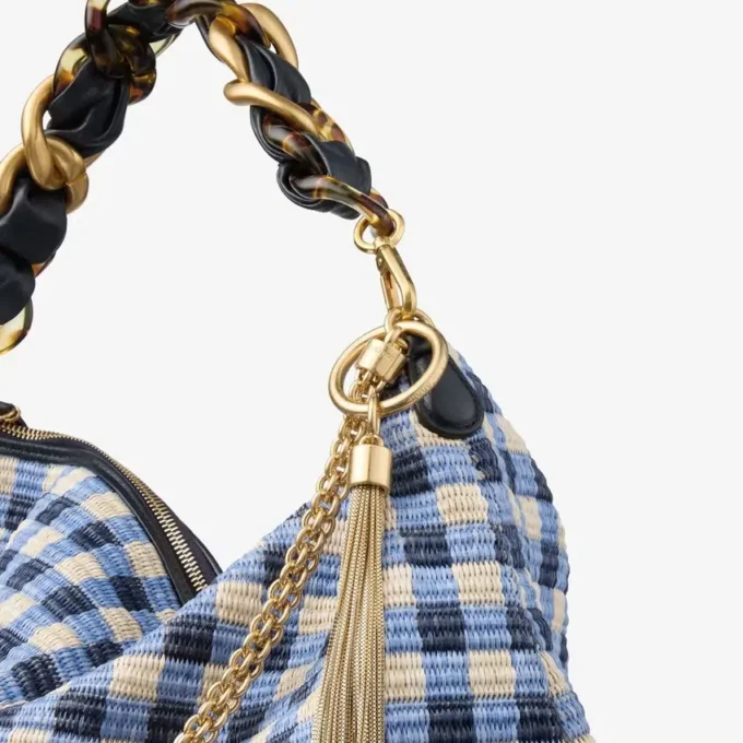 Geantă de umăr Callie Maxi din rafie cu imprimeu gingham în culori marine, cu curea detașabilă din piele nappa țesută Geantă de umăr Callie Maxi din rafie cu imprimeu gingham în culori marine, cu curea detașabilă din piele nappa țesută