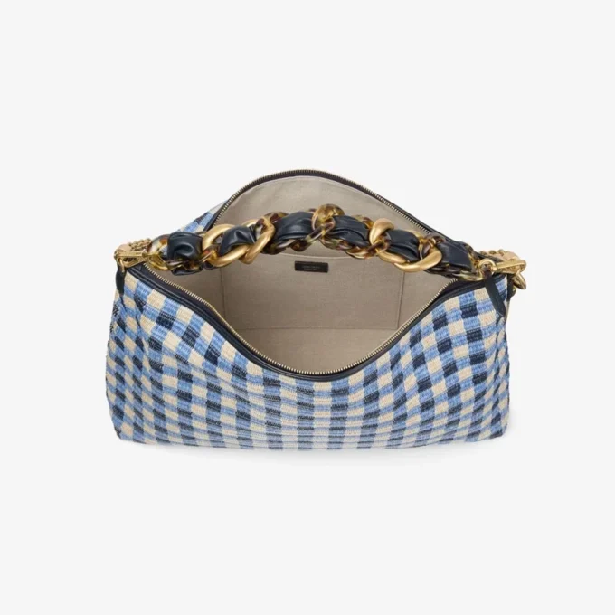Geantă de umăr Callie Maxi din rafie cu imprimeu gingham în culori marine, cu curea detașabilă din piele nappa țesută Geantă de umăr Callie Maxi din rafie cu imprimeu gingham în culori marine, cu curea detașabilă din piele nappa țesută