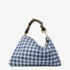 Geantă de umăr Callie Maxi din rafie cu imprimeu gingham în culori marine, cu curea detașabilă din piele nappa țesută Geantă de umăr Callie Maxi din rafie cu imprimeu gingham în culori marine, cu curea detașabilă din piele nappa țesută