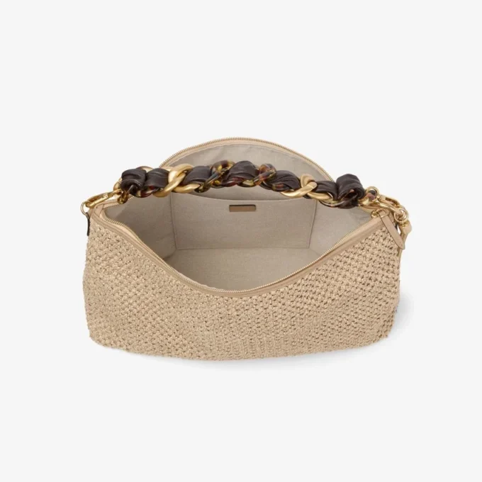 Geantă de umăr Callie Maxi din rafie naturală și cafenie, cu curea detașabilă din piele Nappa țesută Geantă de umăr Callie Maxi din rafie naturală și cafenie, cu curea detașabilă din piele Nappa țesută