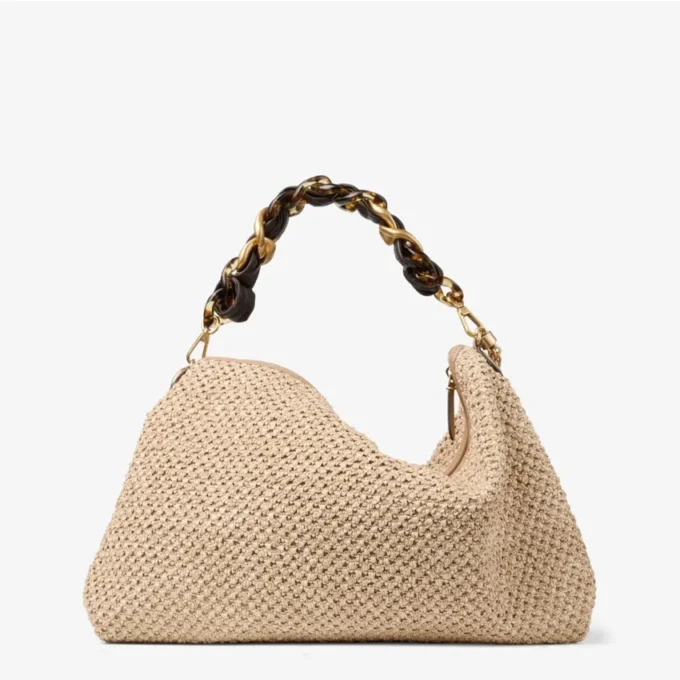 Geantă de umăr Callie Maxi din rafie naturală și cafenie, cu curea detașabilă din piele Nappa țesută Geantă de umăr Callie Maxi din rafie naturală și cafenie, cu curea detașabilă din piele Nappa țesută