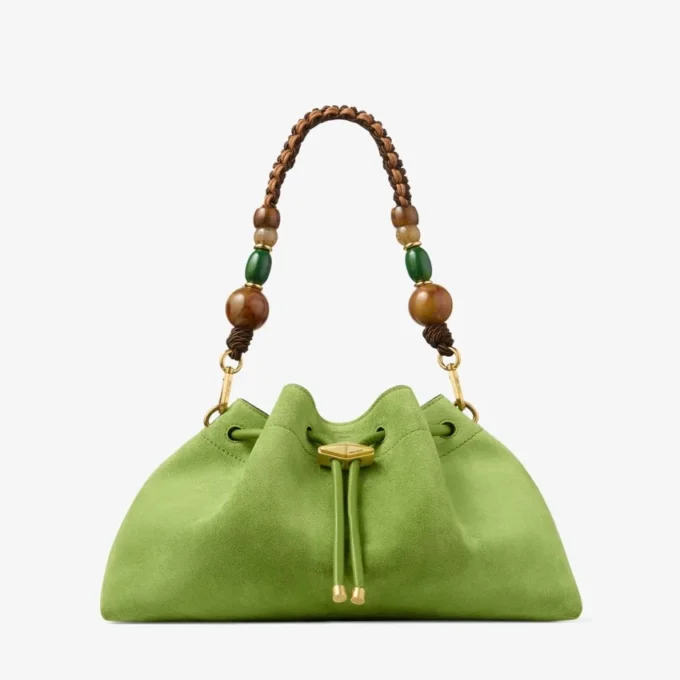 Geantă de umăr Cinch Medium din piele de căprioară, model Clover, cu curea împletită cu mărgele Geantă de umăr Cinch Medium din piele de căprioară, model Clover, cu curea împletită cu mărgele