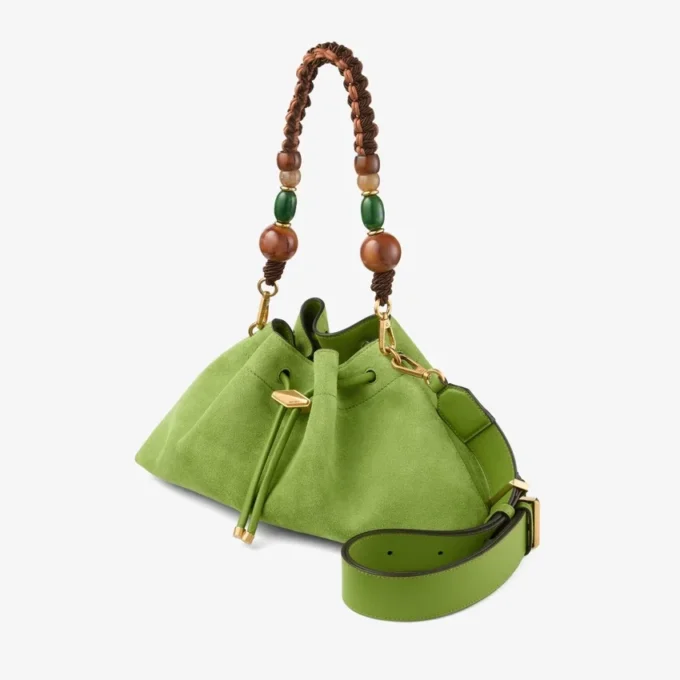 Geantă de umăr Cinch Medium din piele de căprioară, model Clover, cu curea împletită cu mărgele Geantă de umăr Cinch Medium din piele de căprioară, model Clover, cu curea împletită cu mărgele