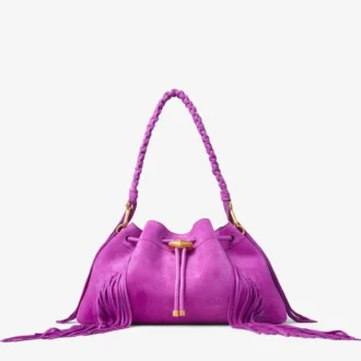 Geantă de umăr Cinch Medium din piele de căprioară violet orhidee cu franjuri