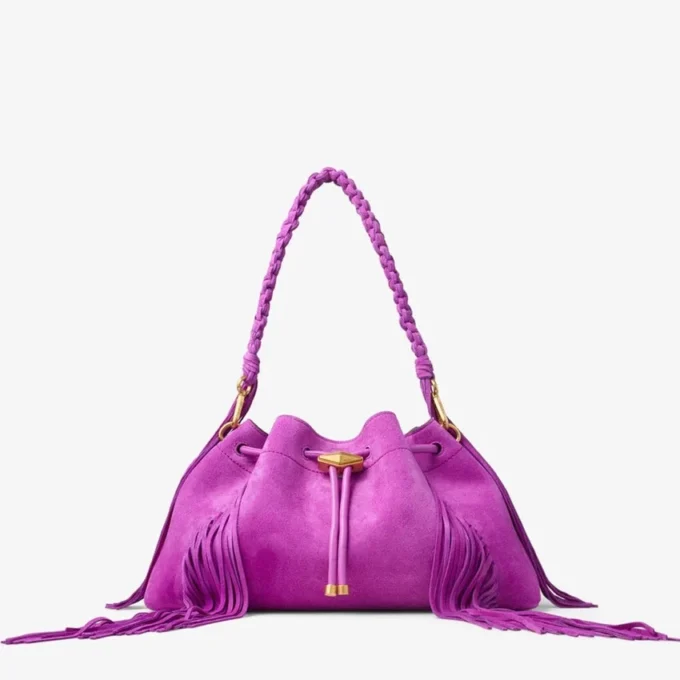 Geantă de umăr Cinch Medium din piele de căprioară violet orhidee cu franjuri