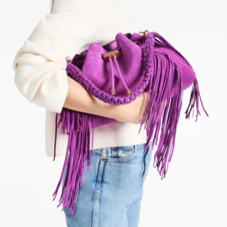 Geantă de umăr Cinch Medium din piele de căprioară violet orhidee cu franjuri