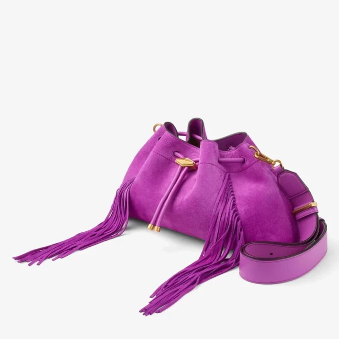 Geantă de umăr Cinch Medium din piele de căprioară violet orhidee cu franjuri