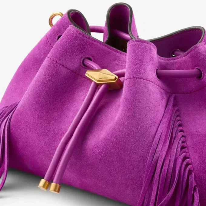 Geantă de umăr Cinch Medium din piele de căprioară violet orhidee cu franjuri