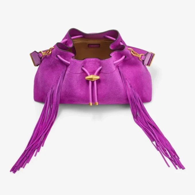 Geantă de umăr Cinch Medium din piele de căprioară violet orhidee cu franjuri