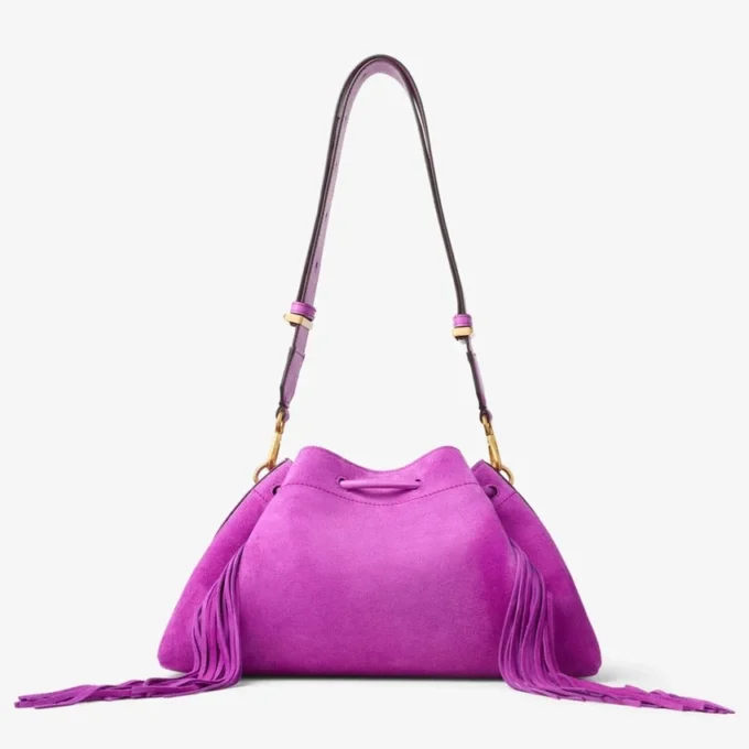 Geantă de umăr Cinch Medium din piele de căprioară violet orhidee cu franjuri