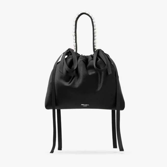 Geantă de umăr mini din satin negru cu mâner superior și șnur Geantă de umăr mini din satin negru cu mâner superior și șnur