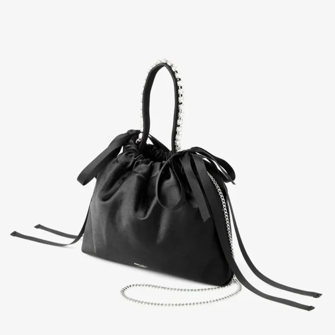 Geantă de umăr mini din satin negru cu mâner superior și șnur Geantă de umăr mini din satin negru cu mâner superior și șnur
