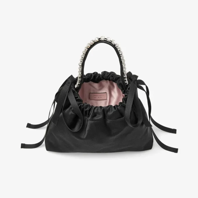 Geantă de umăr mini din satin negru cu mâner superior și șnur Geantă de umăr mini din satin negru cu mâner superior și șnur
