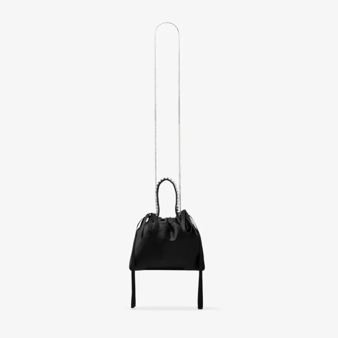 Geantă de umăr mini din satin negru cu mâner superior și șnur Geantă de umăr mini din satin negru cu mâner superior și șnur