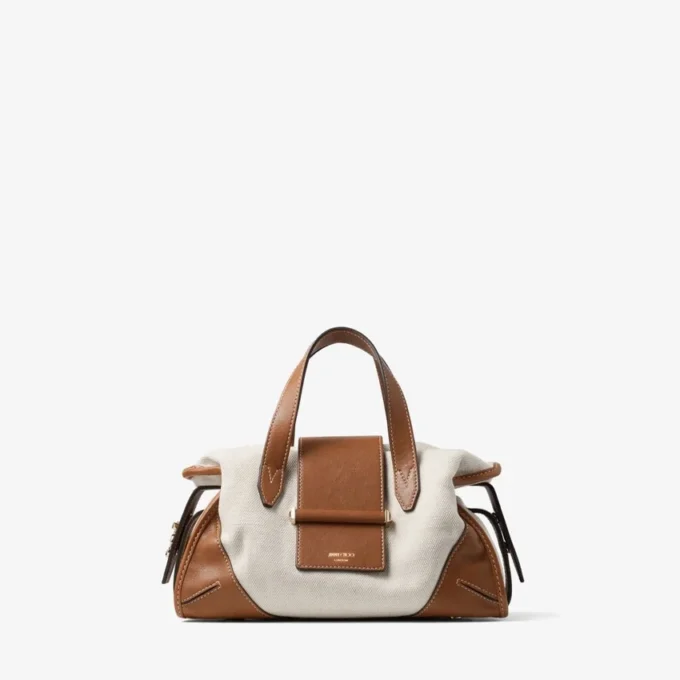 Geantă de voiaj Bar Holdall Small din pânză reciclată naturală și maro deschis, cu finisaje din piele Biker Geantă de voiaj Bar Holdall Small din pânză reciclată naturală și maro deschis, cu finisaje din piele Biker