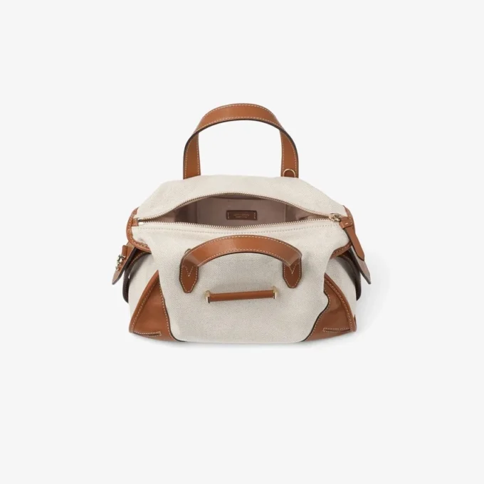 Geantă de voiaj Bar Holdall Small din pânză reciclată naturală și maro deschis, cu finisaje din piele Biker Geantă de voiaj Bar Holdall Small din pânză reciclată naturală și maro deschis, cu finisaje din piele Biker