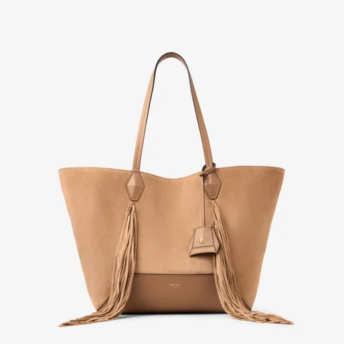 Geantă Diamond Tote medie din piele de căprioară de culoare caramel, cu franjuri
