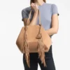 Geantă Diamond Tote medie din piele de căprioară de culoare caramel, cu franjuri