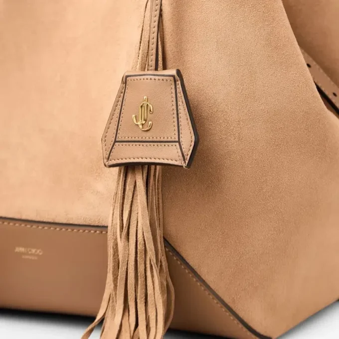Geantă Diamond Tote medie din piele de căprioară de culoare caramel, cu franjuri