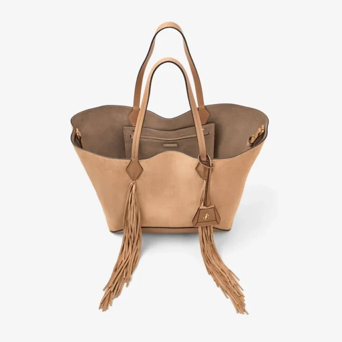 Geantă Diamond Tote medie din piele de căprioară de culoare caramel, cu franjuri