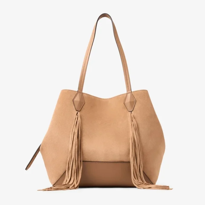 Geantă Diamond Tote medie din piele de căprioară de culoare caramel, cu franjuri