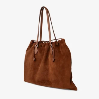 Geantă mare cu șnur din piele de vițel netedă și piele de căprioară de culoare maro deschis, cu logo jimmy choo