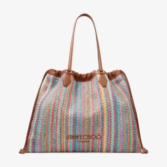 Geantă mare cu șnur Geantă mare cu șnur din rafie multicoloră și bej cu model în zig-zag, cu finisaje din piele