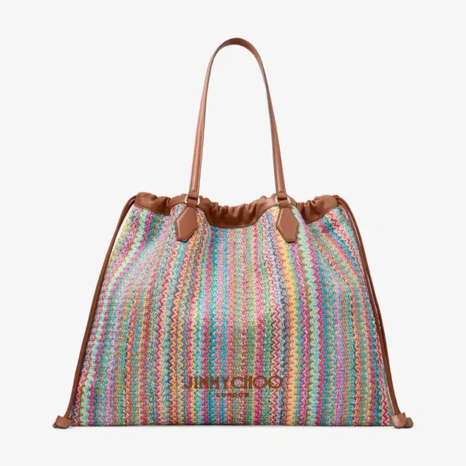 Geantă mare cu șnur Geantă mare cu șnur din rafie multicoloră și bej cu model în zig-zag, cu finisaje din piele Geantă mare cu șnur Geantă mare cu șnur din rafie multicoloră și bej cu model în zig-zag, cu finisaje din piele