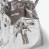 Geantă mini Bon Bon din țesătură argintie oglindă cu mâner metalic Geantă mini Bon Bon din țesătură argintie oglindă cu mâner metalic