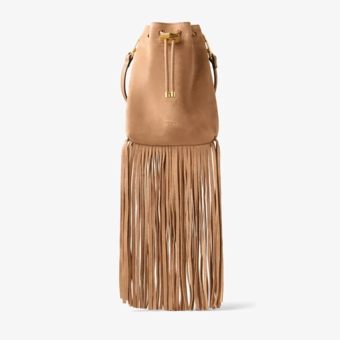 Geantă mini Cinch din piele de căprioară de culoare caramel, cu ciucuri din piele de căprioară