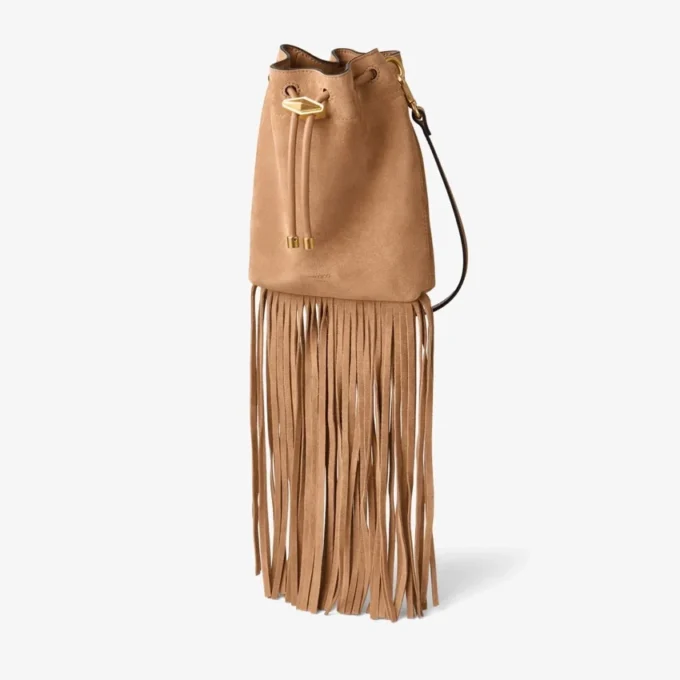 Geantă mini Cinch din piele de căprioară de culoare caramel, cu ciucuri din piele de căprioară