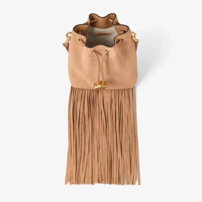 Geantă mini Cinch din piele de căprioară de culoare caramel, cu ciucuri din piele de căprioară