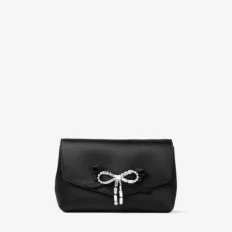 Geantă mini cu fundă moale Geantă mini din satin negru cu fundă din cristal