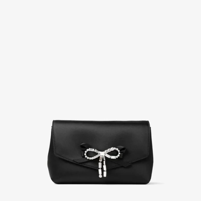 Geantă mini cu fundă moale Geantă mini din satin negru cu fundă din cristal Geantă mini cu fundă moale Geantă mini din satin negru cu fundă din cristal