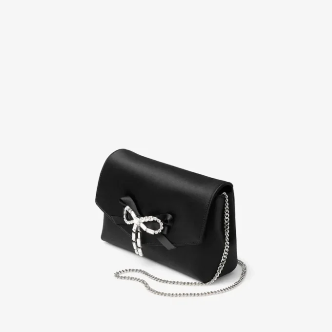 Geantă mini cu fundă moale Geantă mini din satin negru cu fundă din cristal Geantă mini cu fundă moale Geantă mini din satin negru cu fundă din cristal
