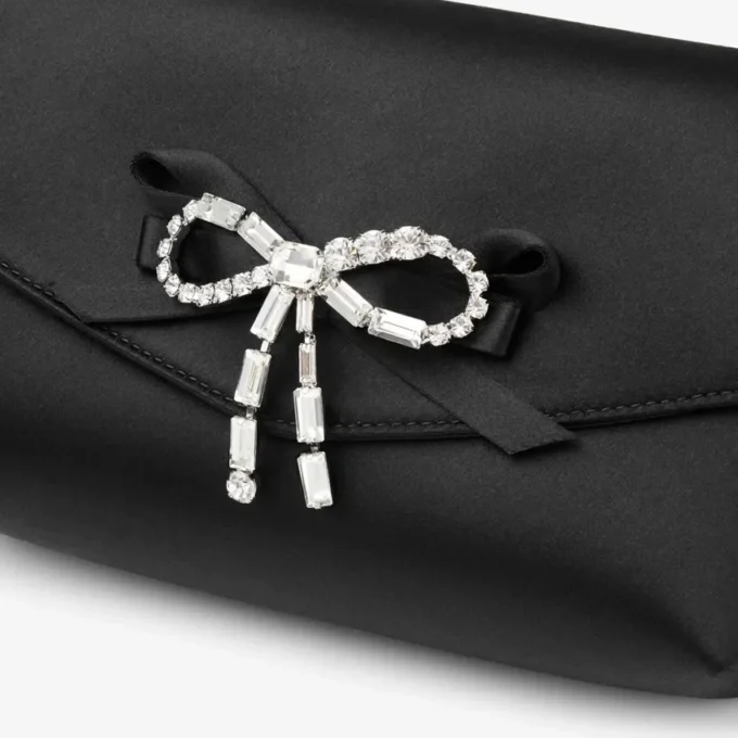 Geantă mini cu fundă moale Geantă mini din satin negru cu fundă din cristal Geantă mini cu fundă moale Geantă mini din satin negru cu fundă din cristal