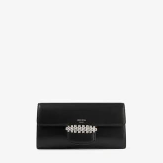 Geantă mini de umăr Bing Wallet Chain din piele neagră cu elemente din cristal