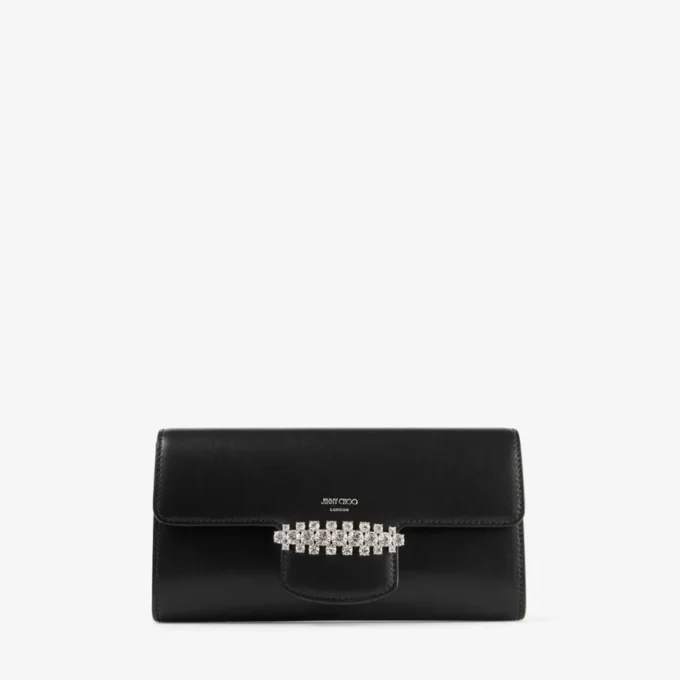 Geantă mini de umăr Bing Wallet Chain din piele neagră cu elemente din cristal