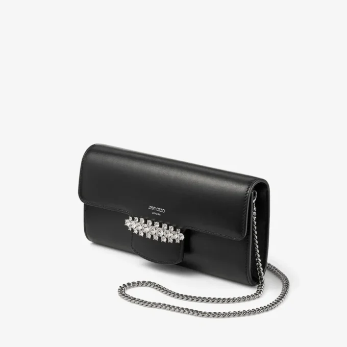 Geantă mini de umăr Bing Wallet Chain din piele neagră cu elemente din cristal